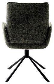 Rückansicht eines Armlehnstuhls mit dunkelgrauem Stoffbezug und schwarzem Metallgestell.