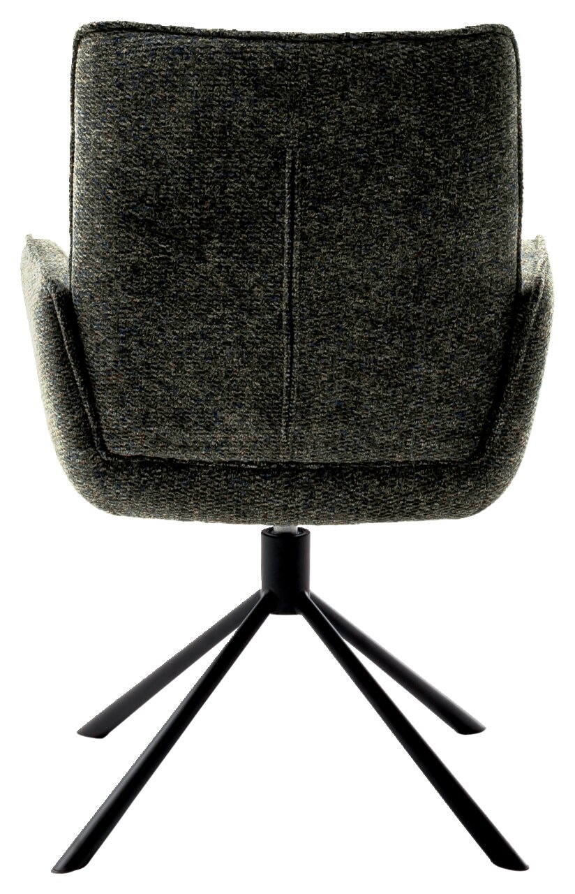 Achterkant van een fauteuil met donkergrijze stoffen bekleding en een zwart metalen frame.
