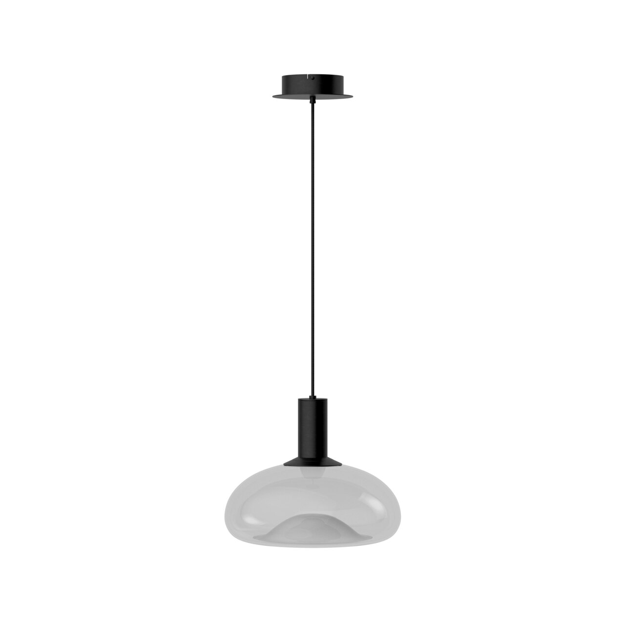 Moderne Hängeleuchte mit schwarzem Kabel und transparentem Glasschirm, seitliche Perspektive