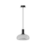 Moderne Hängeleuchte mit schwarzem Kabel und transparentem Glasschirm, seitliche Perspektive