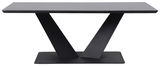 Moderner Couchtisch mit schwarzem V-förmigem Gestell, seitliche Perspektive