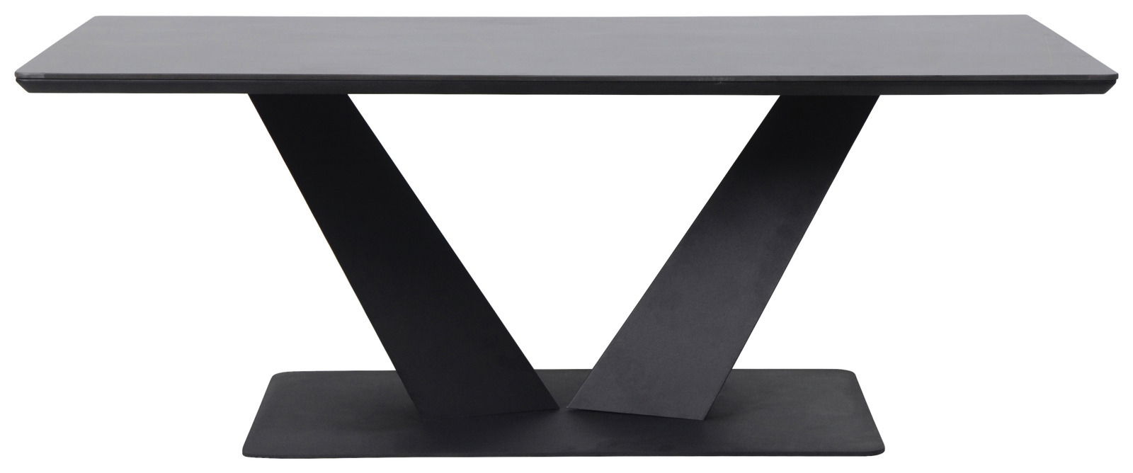 Moderner Couchtisch mit schwarzem V-förmigem Gestell, seitliche Perspektive