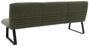 Rückansicht einer grünen Sitzbank mit modernem Design und schwarzen Metallbeinen.