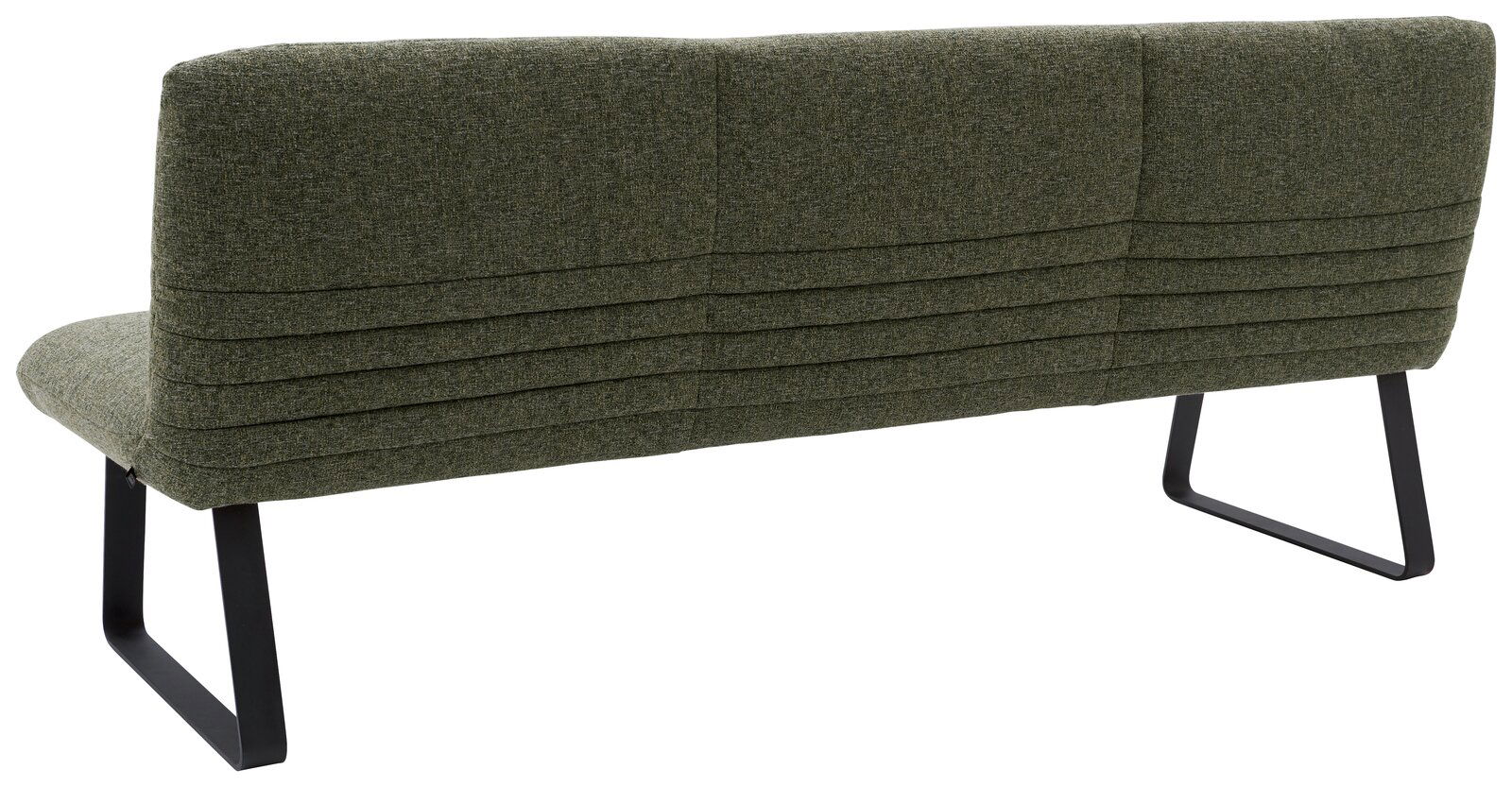 Rückansicht einer grünen Sitzbank mit modernem Design und schwarzen Metallbeinen.