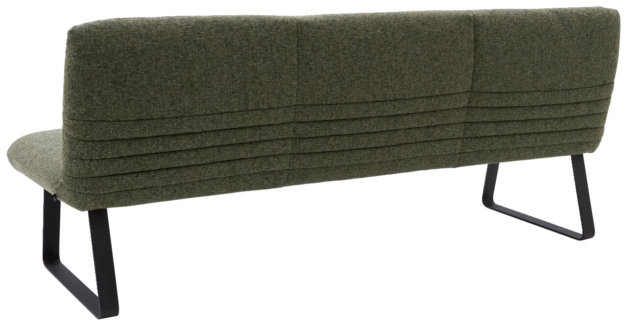 Rückansicht einer grünen Sitzbank mit modernem Design und schwarzen Metallbeinen.