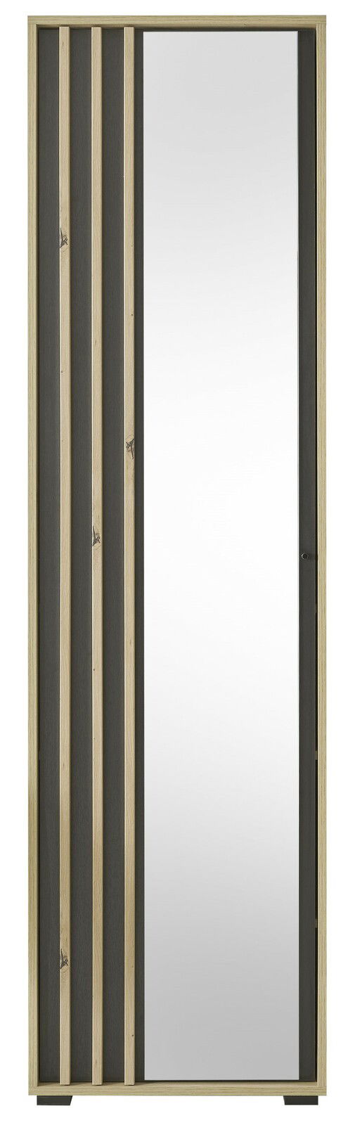 Frontansicht eines Garderobenschranks mit Spiegel und Holzleisten in modernem Design.