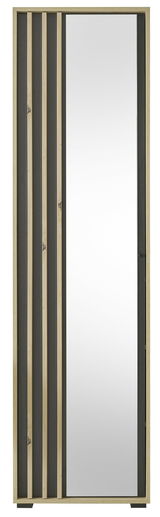 Frontansicht eines Garderobenschranks mit Spiegel und Holzleisten in modernem Design.