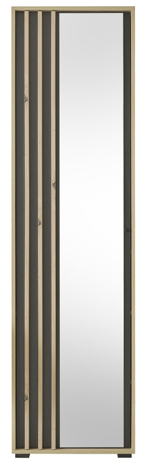 Frontansicht eines Garderobenschranks mit Spiegel und Holzleisten in modernem Design.