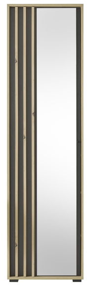 Frontansicht eines Garderobenschranks mit Spiegel und Holzleisten in modernem Design.