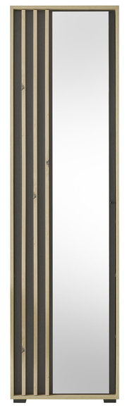 Frontansicht eines Garderobenschranks mit Spiegel und Holzleisten in modernem Design.