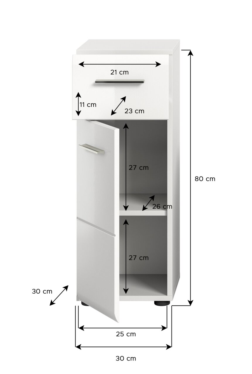 Weißer Standschrank mit einer Schublade oben und zwei Fächern darunter, Frontansicht mit geöffnetem Türfach.