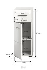 Weißer Standschrank mit einer Schublade oben und zwei Fächern darunter, Frontansicht mit geöffnetem Türfach.