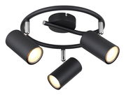 Dreiflammiger schwarzer Deckenstrahler mit runden, verstellbaren Leuchten, Ansicht von unten.