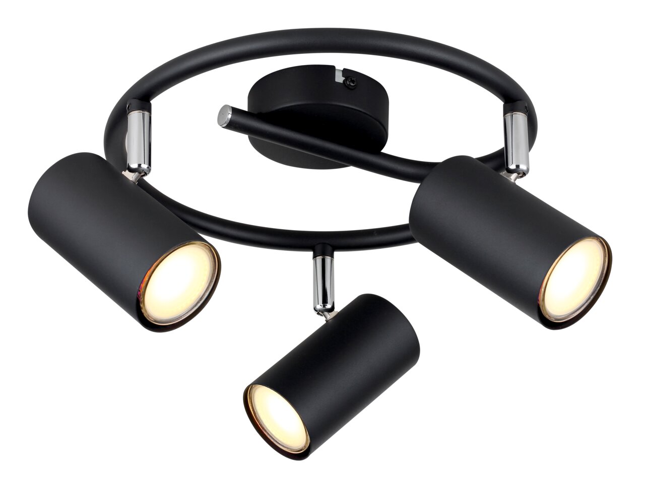 Dreiflammiger schwarzer Deckenstrahler mit runden, verstellbaren Leuchten, Ansicht von unten.
