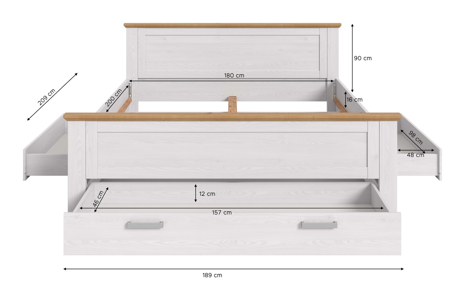 Weißes Holzbett mit naturfarbener Absetzung, integrierten Schubladen und Maßangaben (u. a. 189 cm Breite, 209 cm Länge, 90 cm Höhe), Frontansicht leicht von oben.