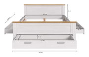 Weißes Holzbett mit naturfarbener Absetzung, integrierten Schubladen und Maßangaben (u. a. 189 cm Breite, 209 cm Länge, 90 cm Höhe), Frontansicht leicht von oben.