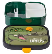 Lunchbox mit Dino-Motiv, geöffnet, mit Fächern und Gabel, von oben betrachtet