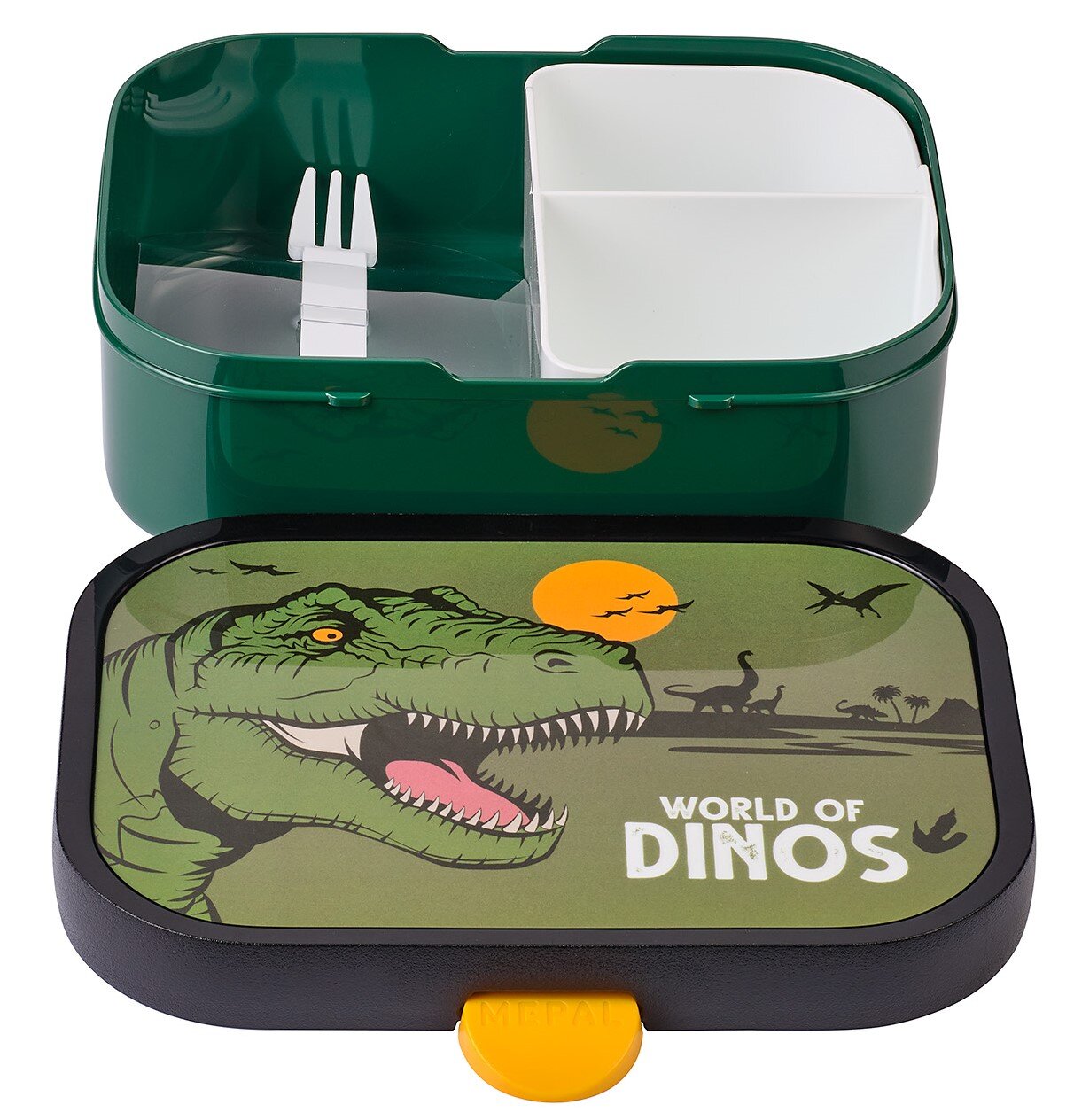 Lunchbox met dinosaurusmotief, geopend, met vakjes en vork, gezien van bovenaf