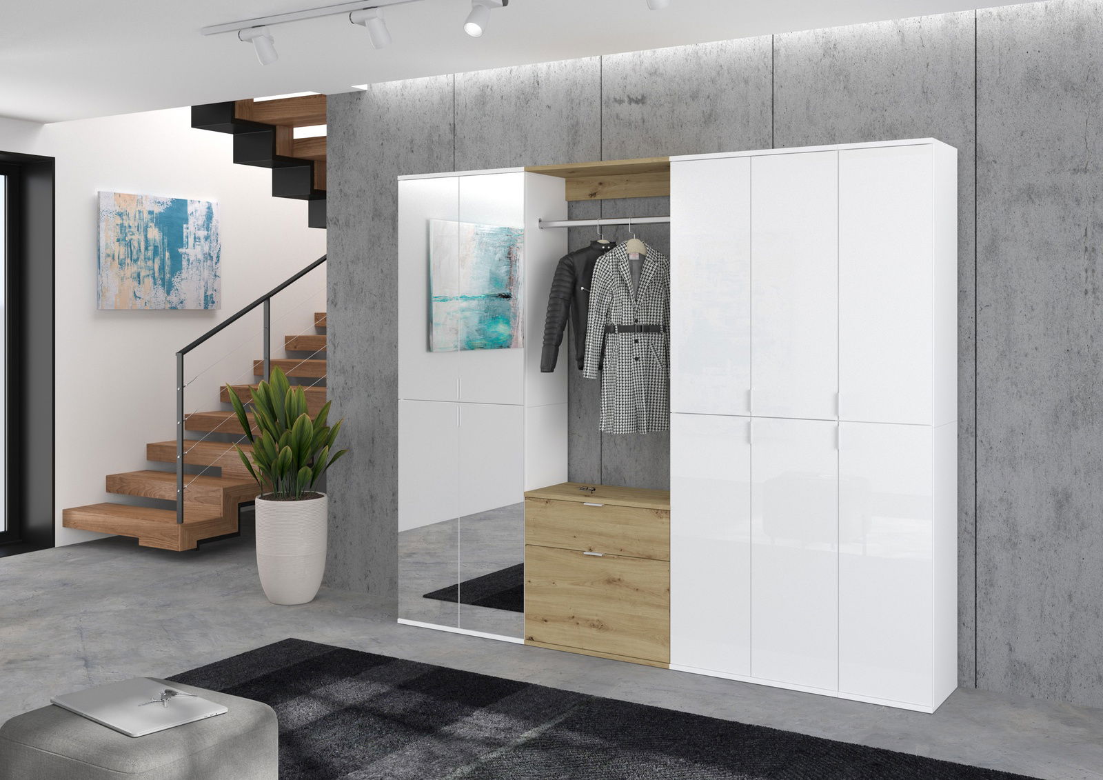 Moderne Garderobenkombination in einem stilvollen Raum mit Betonwand, bestehend aus weißen Hochglanzschränken und einem offenen Bereich mit Kleiderstange und Holzschubladen, seitliche Perspektive.