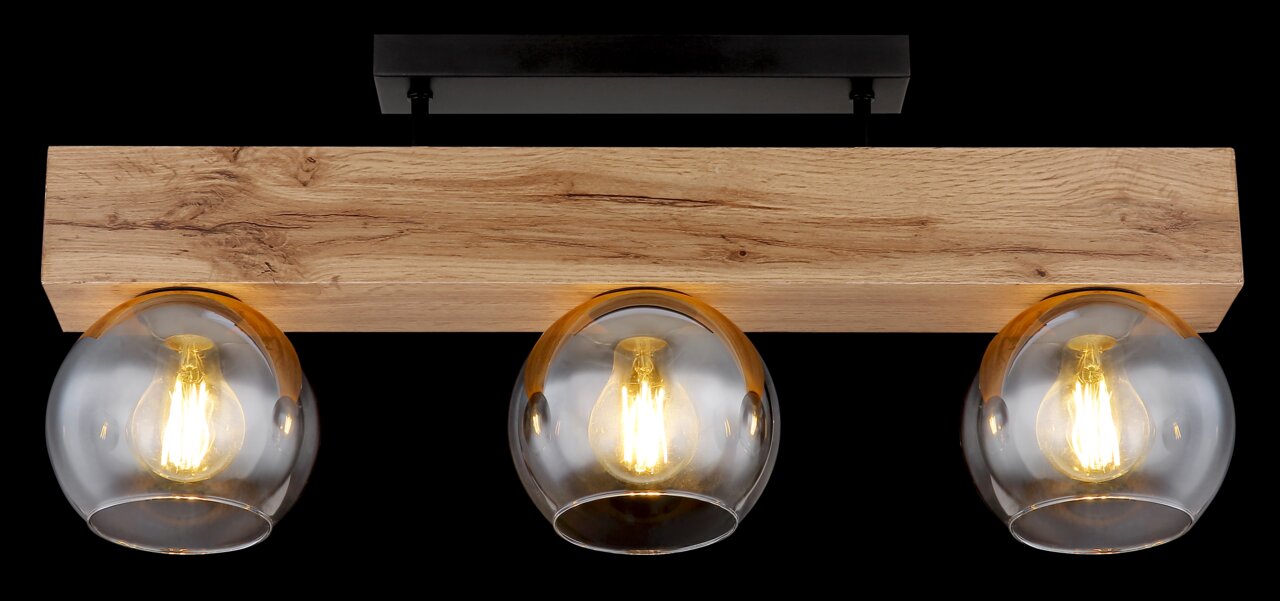 Deckenleuchte mit drei Glaskugeln und Holzleiste, frontale Ansicht