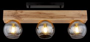 Deckenleuchte mit drei Glaskugeln und Holzleiste, frontale Ansicht
