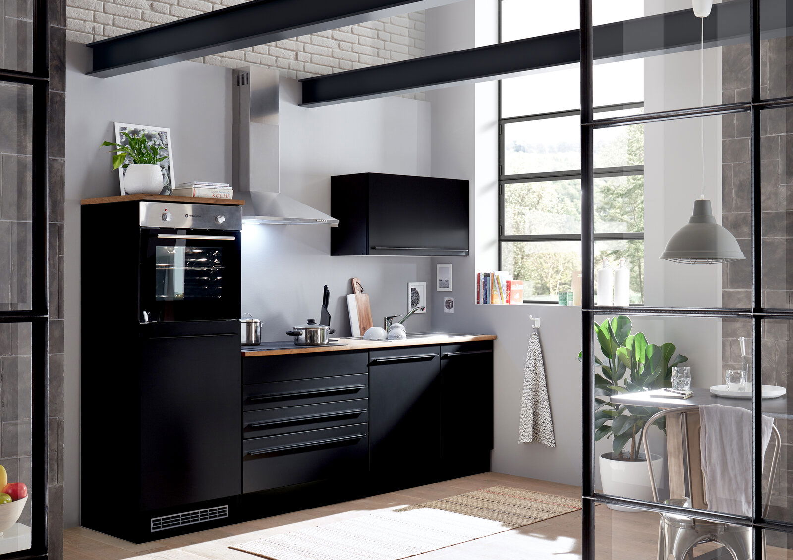 Yourkitchen Küchenblock 260 JAZZ Moderne schwarze Küchenzeile mit Backofen, Herd und Dunstabzugshaube, seitliche Perspektive