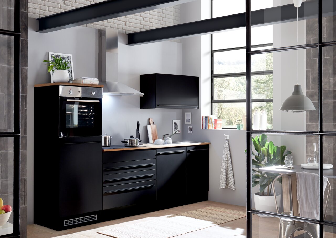 Yourkitchen Küchenblock 260 JAZZ Moderne schwarze Küchenzeile mit Backofen, Herd und Dunstabzugshaube, seitliche Perspektive