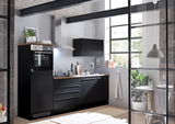 Moderne schwarze Küchenzeile mit Backofen, Herd und Dunstabzugshaube, seitliche Perspektive
