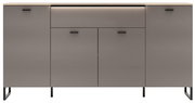 Moderne Kommode/Sideboard in Grau mit Holzoptik-Deckplatte, vier Türen und schwarzen Metallgriffen auf Metallfüßen, frontal von vorne fotografiert.
