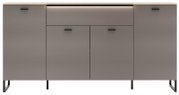 Moderne Kommode/Sideboard in Grau mit Holzoptik-Deckplatte, vier Türen und schwarzen Metallgriffen auf Metallfüßen, frontal von vorne fotografiert.