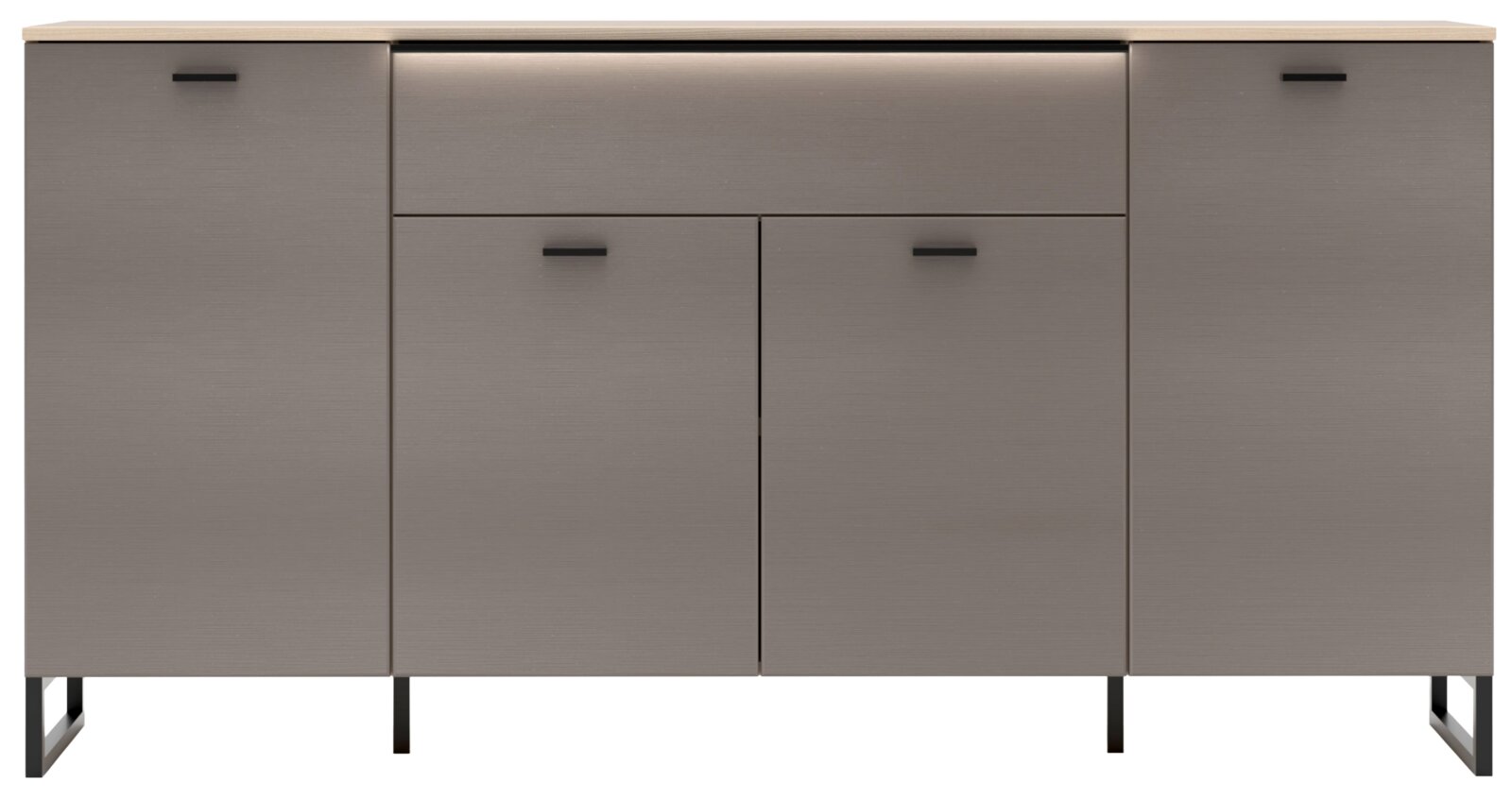 Moderne Kommode/Sideboard in Grau mit Holzoptik-Deckplatte, vier Türen und schwarzen Metallgriffen auf Metallfüßen, frontal von vorne fotografiert.