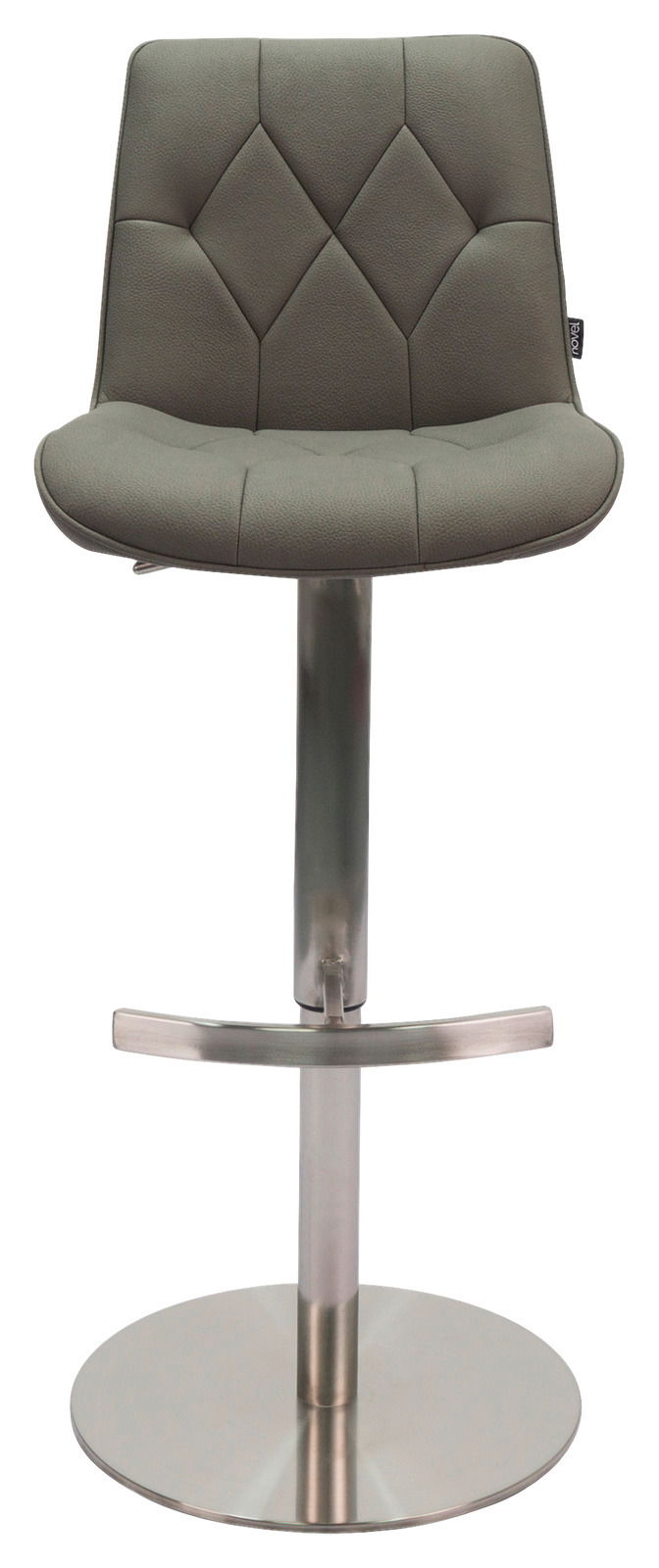 Frontansicht eines grauen Barhockers mit gepolsterter Rückenlehne und verchromtem Fußgestell.