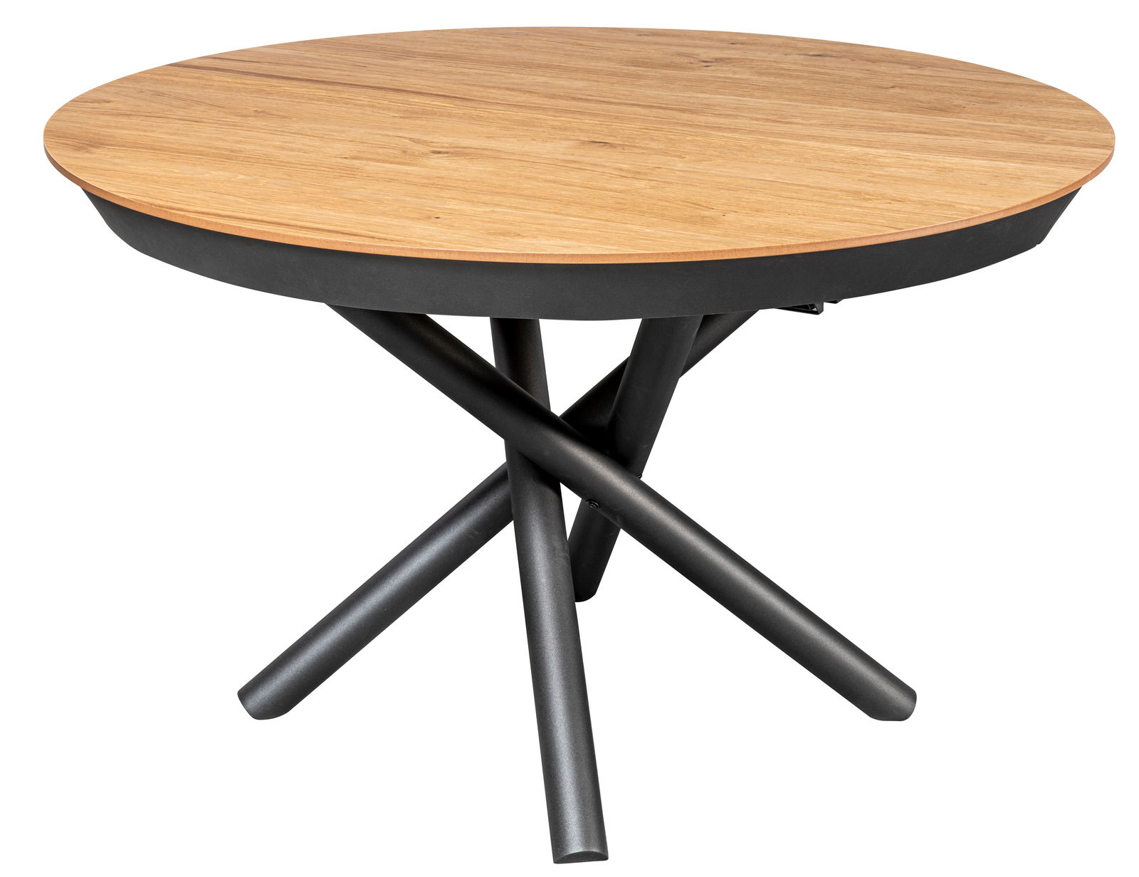 Runder Esstisch mit Holzplatte und schwarzem Metallgestell, seitliche Perspektive