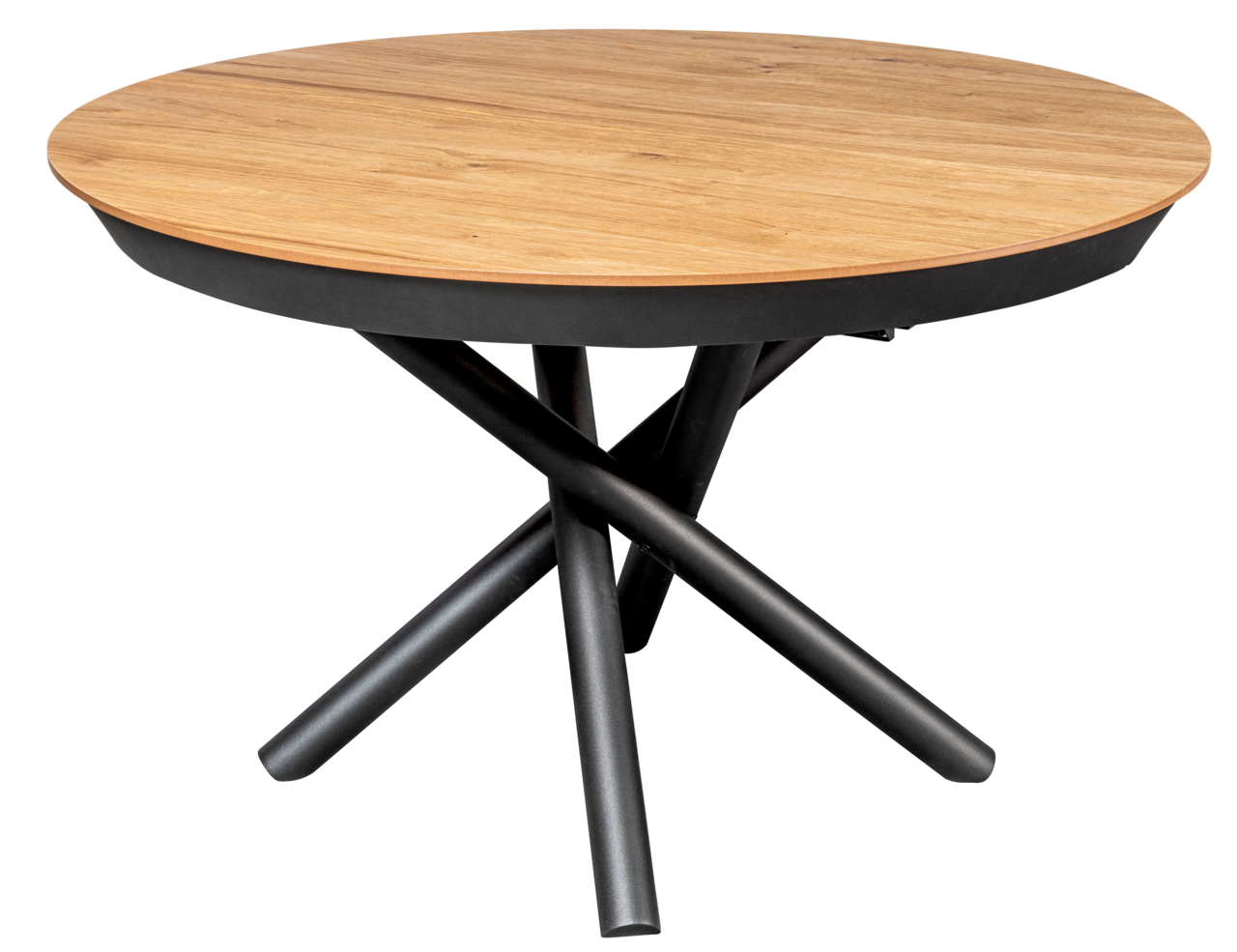 Runder Esstisch mit Holzplatte und schwarzem Metallgestell, seitliche Perspektive