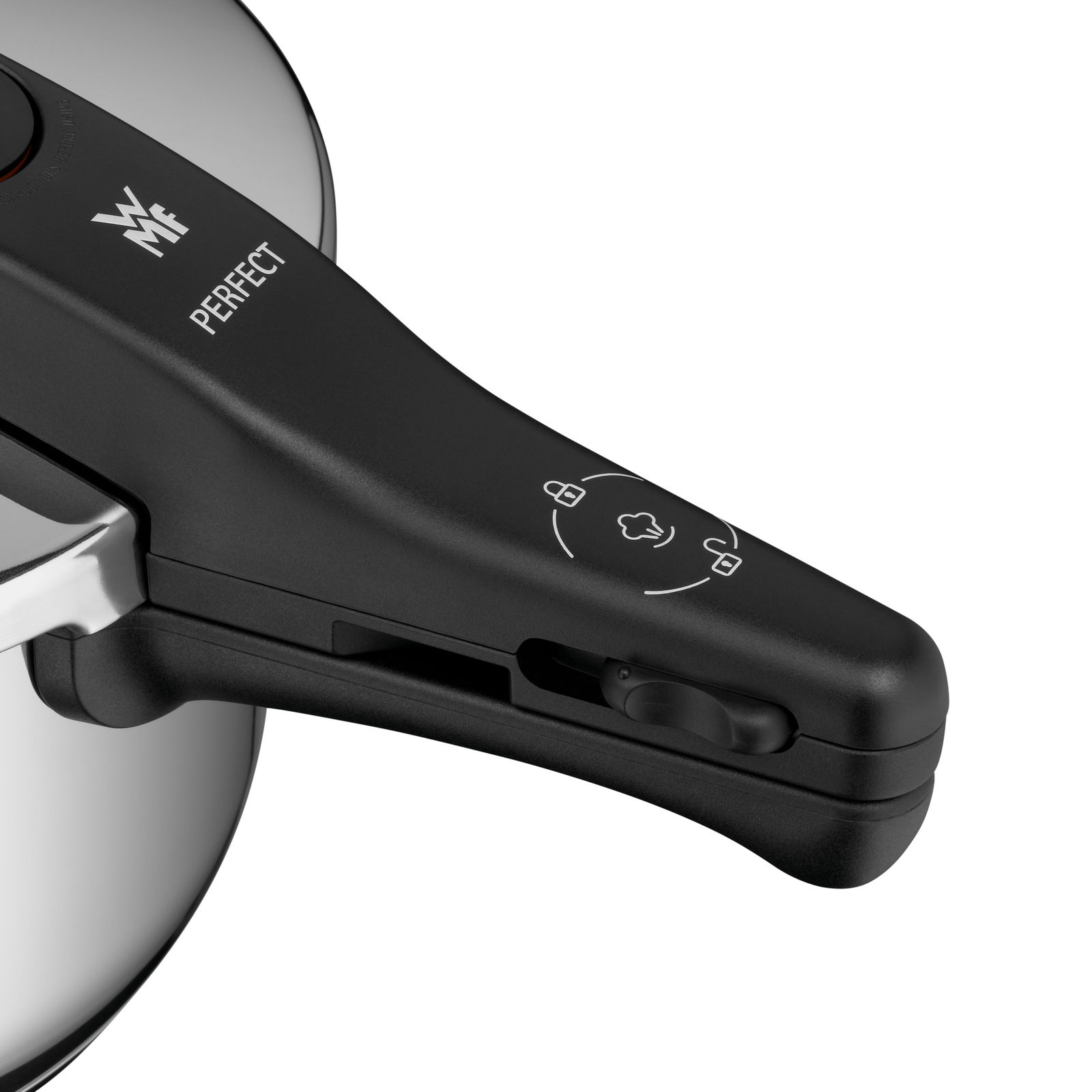 Nahaufnahme des Griffs eines WMF Schnellkochtopfs Perfect 6,5L mit Sicherheits- und Druckanzeige.