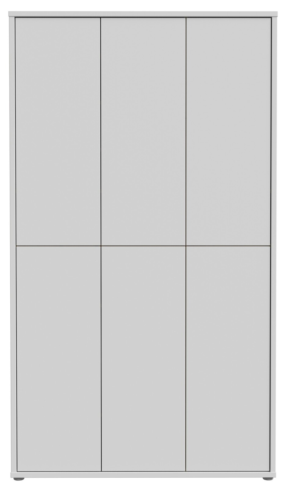 Frontale Ansicht eines hohen, grauen XXL-Schuhschranks mit sechs Türen.