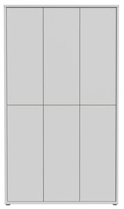 Frontale Ansicht eines hohen, grauen XXL-Schuhschranks mit sechs Türen.