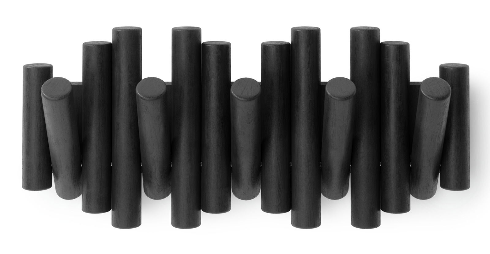 Moderne schwarze Wandgarderobe aus Holz mit zylindrischen Haken, frontal betrachtet.