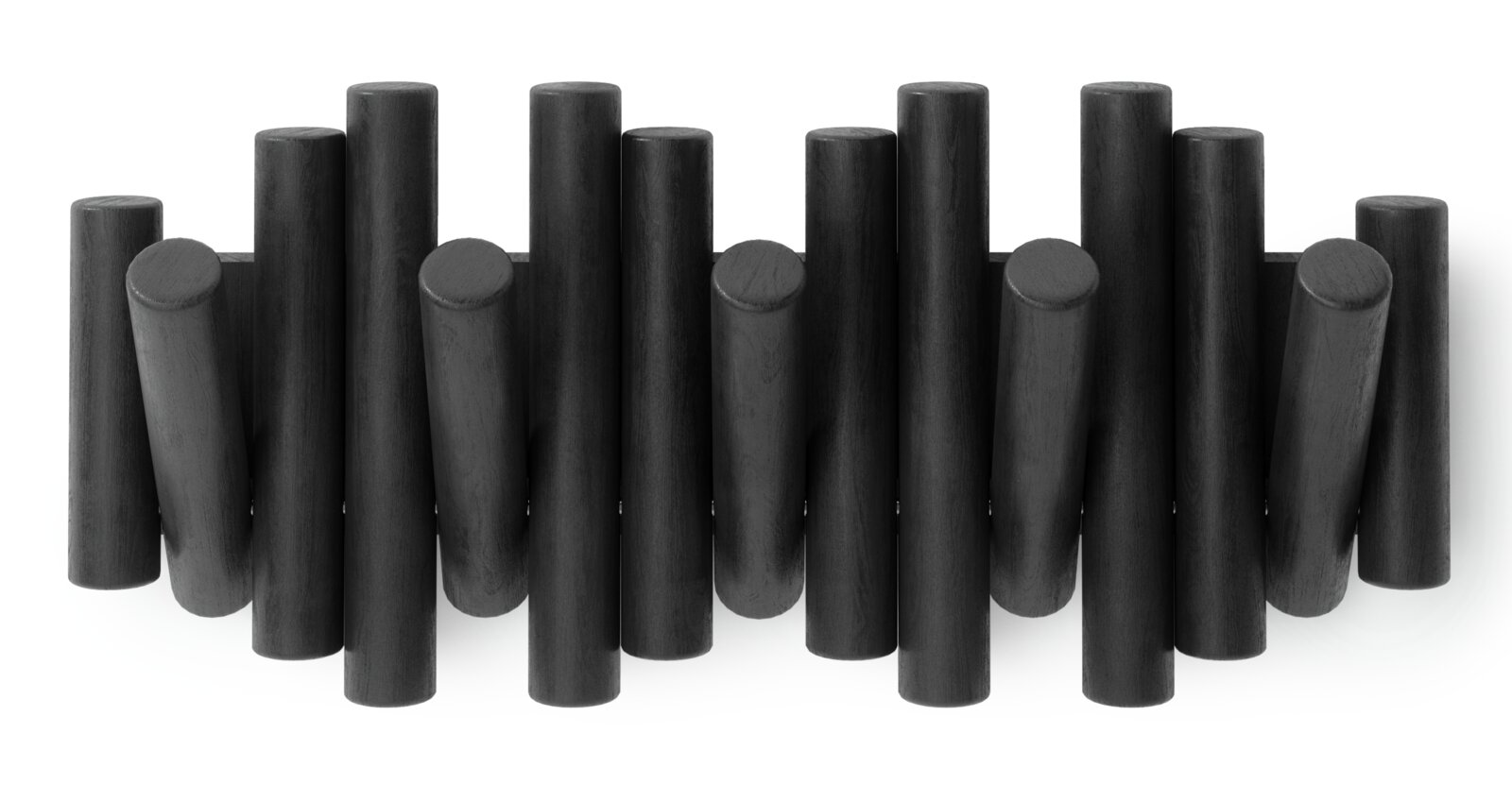 Moderne schwarze Wandgarderobe aus Holz mit zylindrischen Haken, frontal betrachtet.