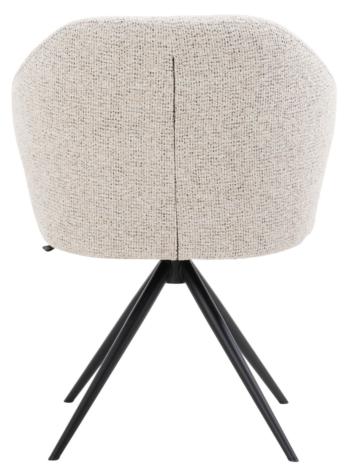 Rückansicht eines Armlehnstuhls mit beigem Stoffbezug und schwarzen Metallbeinen.