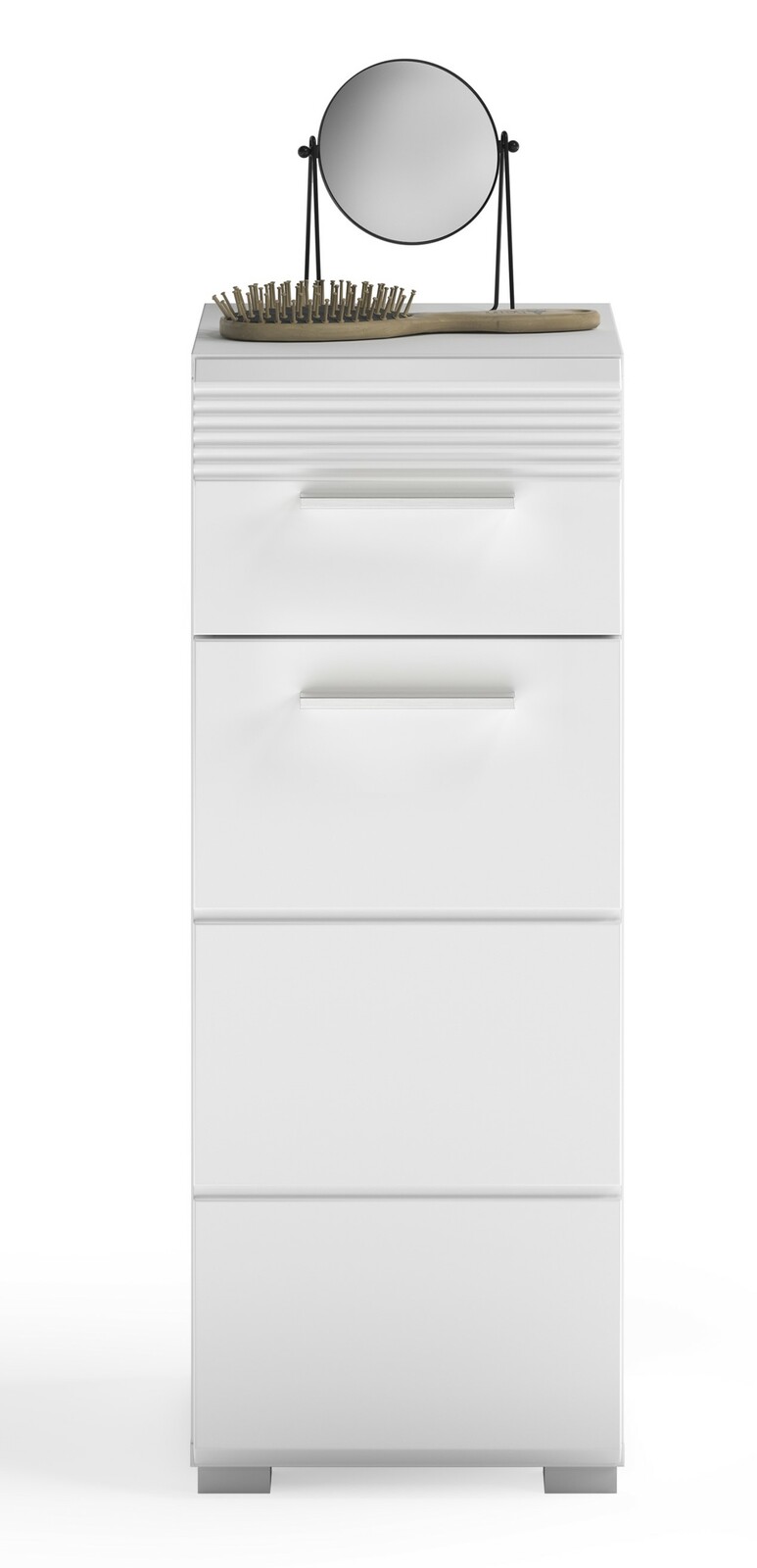 Weißer Standschrank mit drei Schubladen, darauf ein runder Spiegel und eine Haarbürste, Frontalansicht