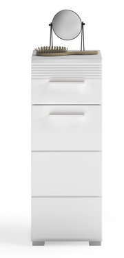 Weißer Standschrank mit drei Schubladen, darauf ein runder Spiegel und eine Haarbürste, Frontalansicht