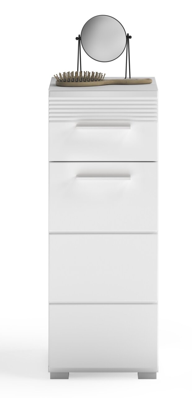 Weißer Standschrank mit drei Schubladen, darauf ein runder Spiegel und eine Haarbürste, Frontalansicht