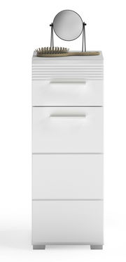 Weißer Standschrank mit drei Schubladen, darauf ein runder Spiegel und eine Haarbürste, Frontalansicht