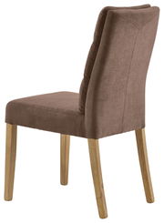 Brauner Stuhl mit gepolsterter Rückenlehne und Holzbeinen, seitliche Perspektive