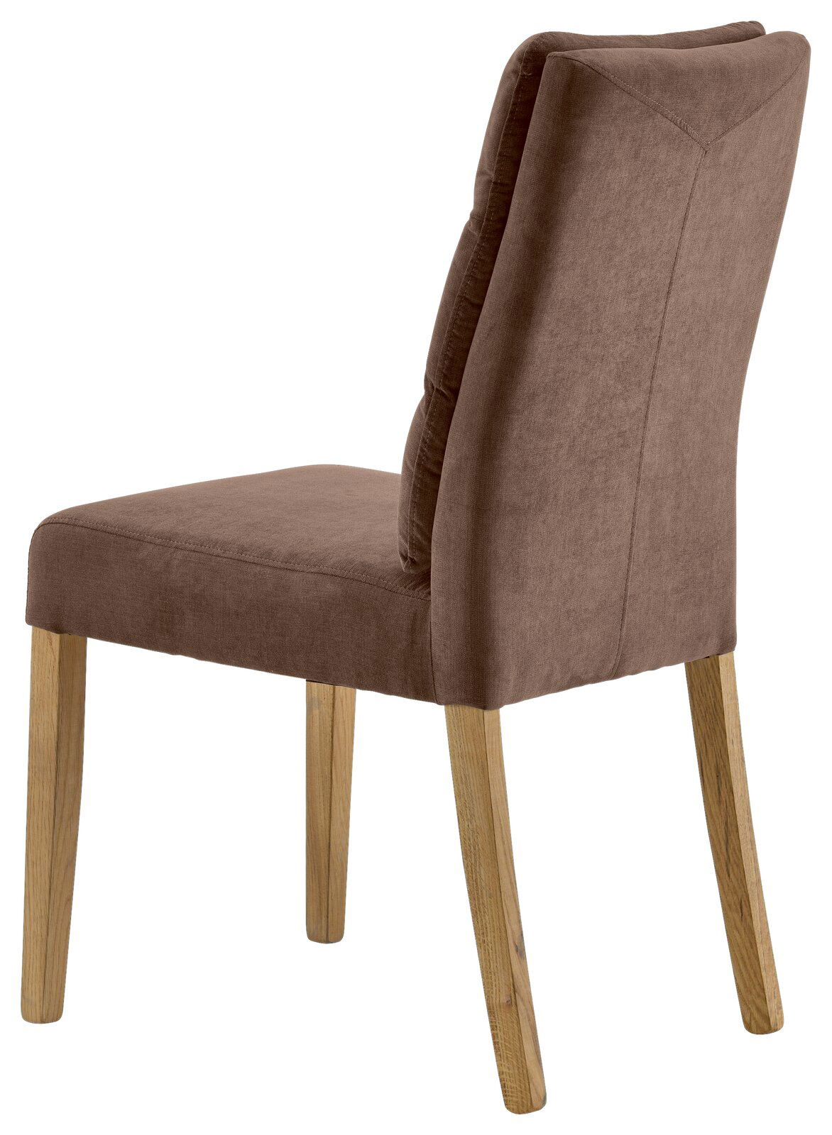 Brauner Stuhl mit gepolsterter Rückenlehne und Holzbeinen, seitliche Perspektive