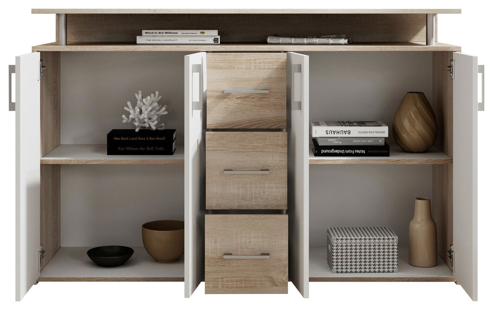 Frontale Ansicht eines modernen Sideboards mit offenen Türen und Schubladen, dekoriert mit Büchern, Vasen und Dekorationsgegenständen.