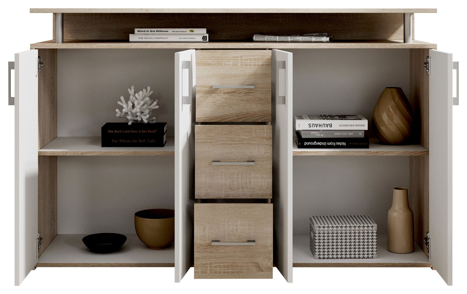 Frontale Ansicht eines modernen Sideboards mit offenen Türen und Schubladen, dekoriert mit Büchern, Vasen und Dekorationsgegenständen.