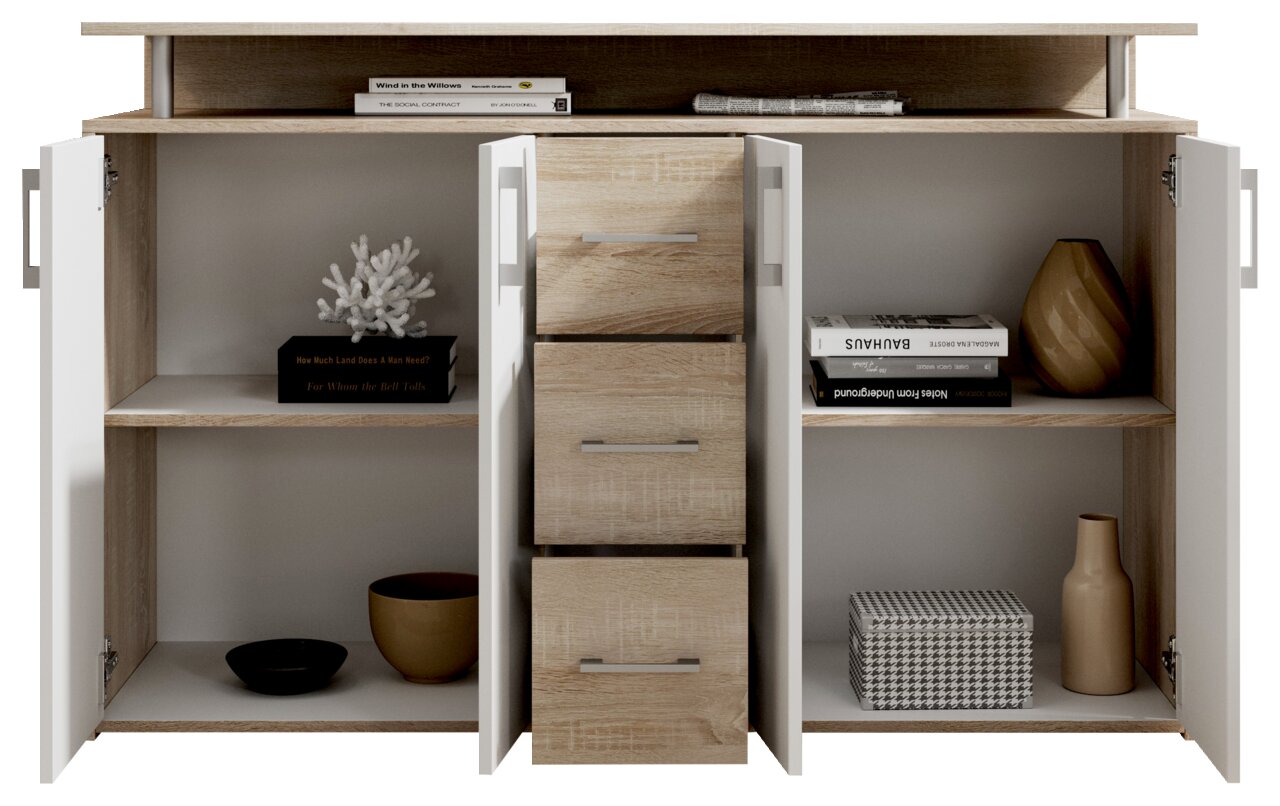 Frontale Ansicht eines modernen Sideboards mit offenen Türen und Schubladen, dekoriert mit Büchern, Vasen und Dekorationsgegenständen.