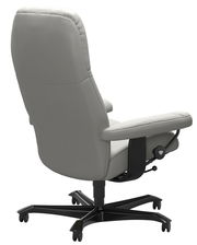 Rückansicht eines grauen Chefsessels mit Armlehnen und schwarzem Drehfuß auf Rollen.